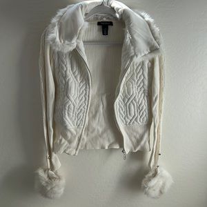 White sweater, super warm and cozy! Fur pieces are removable.